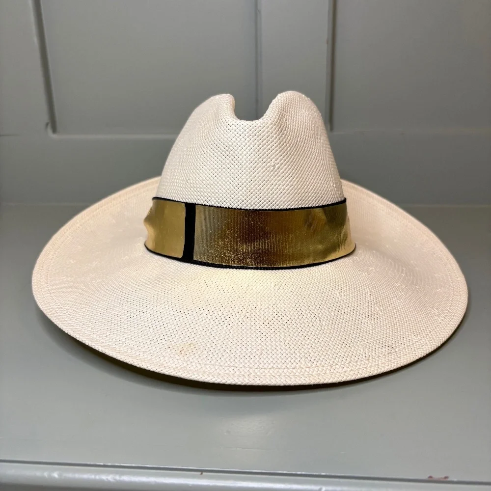 Tracy Watts Wide Brim Straw Sun Hat Sz M Metallic Gold Western Brooklyn Cowgirl